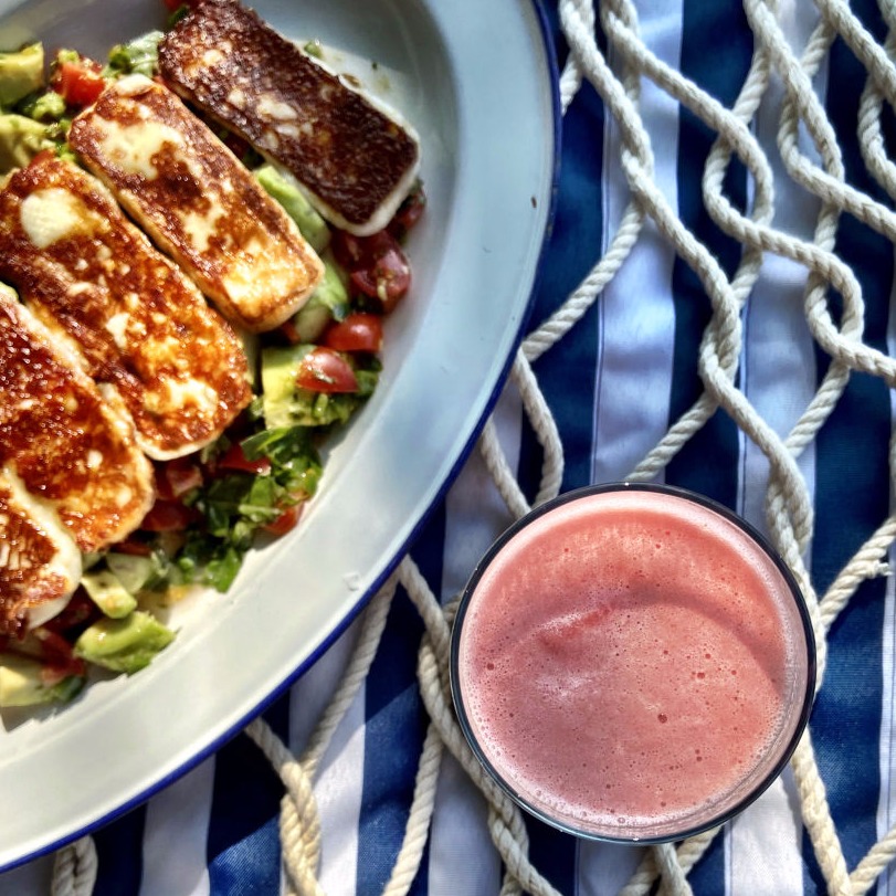 Photo of Crisp Halloumi with Avocado Salsa and Watermelon Sunrise