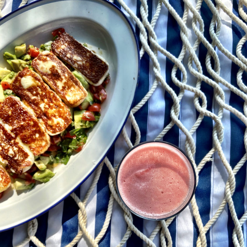 Photo of Crisp Halloumi with Avocado Salsa and Watermelon Sunrise