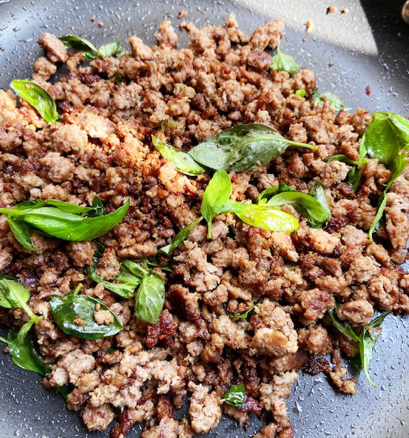 Picture of ground beef and basil